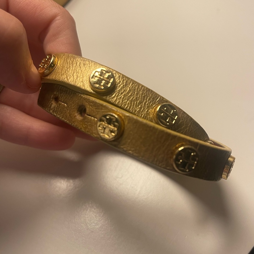 Tory Burch Gold Leather Bracelet with Logo Studs